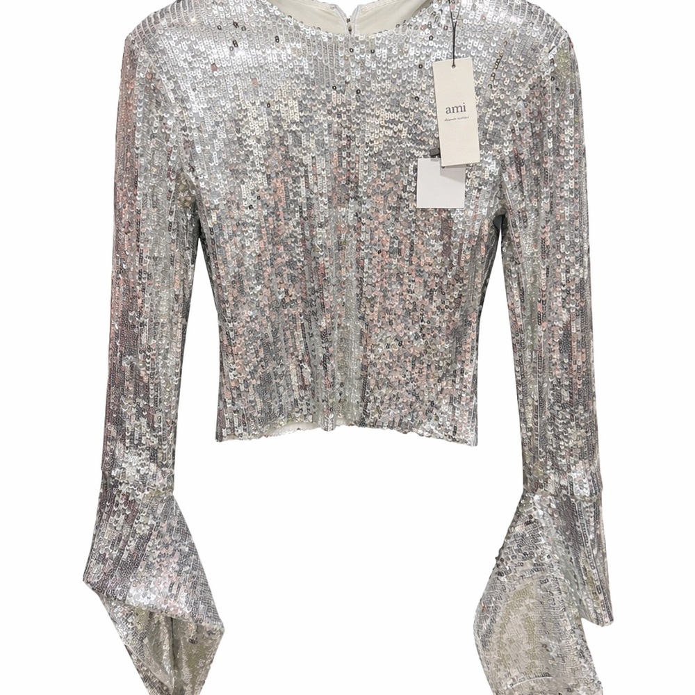 Ami Metallic Silver Sequin Blouse